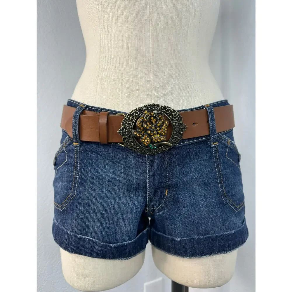 Brown Leather Belt Statement Rose Rhinestone Buckle Medium